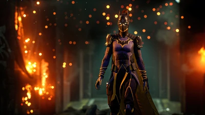 Batgirl in einer dramatischen Umgebung, bereit für Action in Gotham Knights.