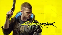 V de Cyberpunk 2077 tenant une arme contre un fond jaune vif.