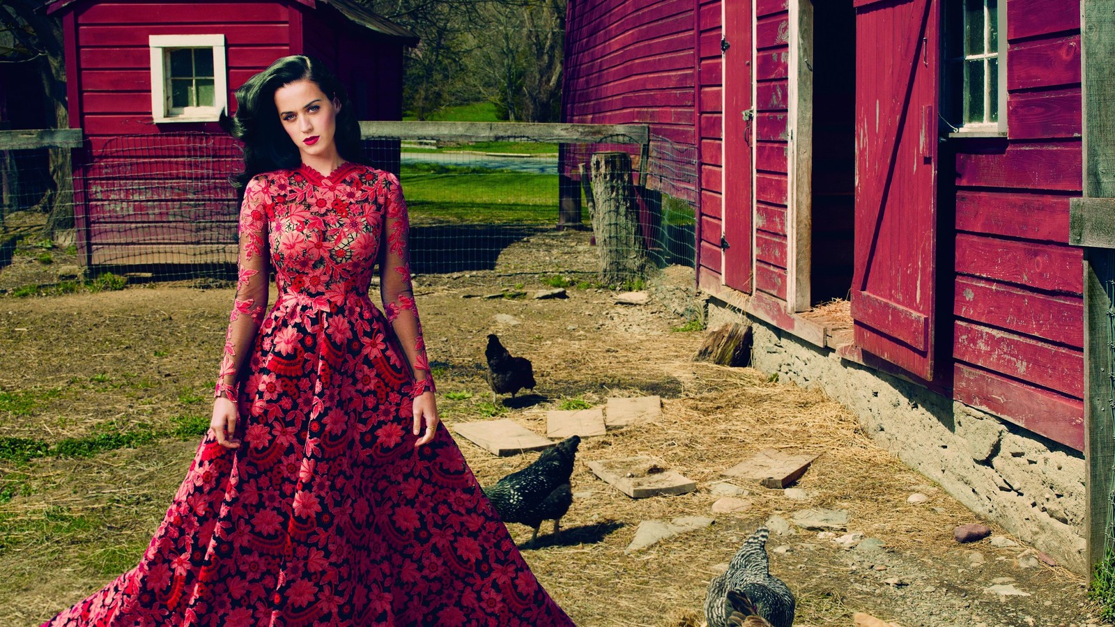 Araffe woman in a red dress standing in front of a red barn (katy perry, dress, window, red, brick)