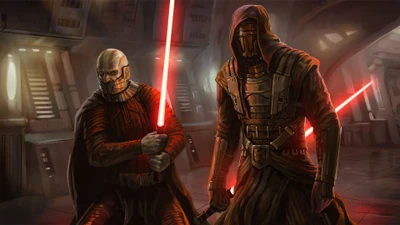 Darth Revan e Darth Malak colidindo com sabres de luz em um cenário de Star Wars