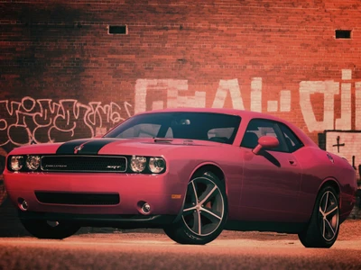 Carro muscular Dodge Challenger rosa vibrante contra fundo de grafite urbano