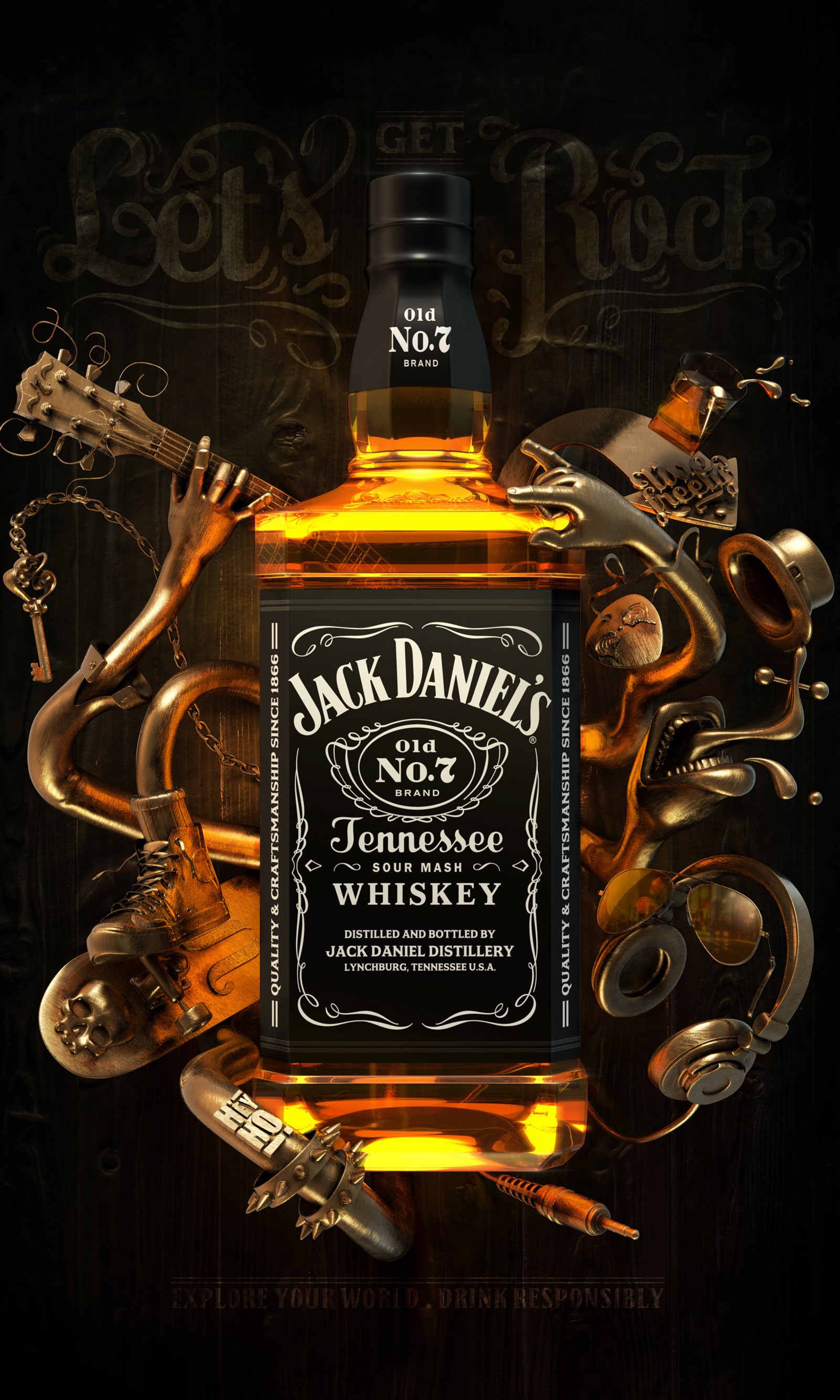 Eine nahaufnahme einer jack daniels whiskeyflasche mit einer schlange (kunst, schwarz, dunkel, getränk, ikonisch)