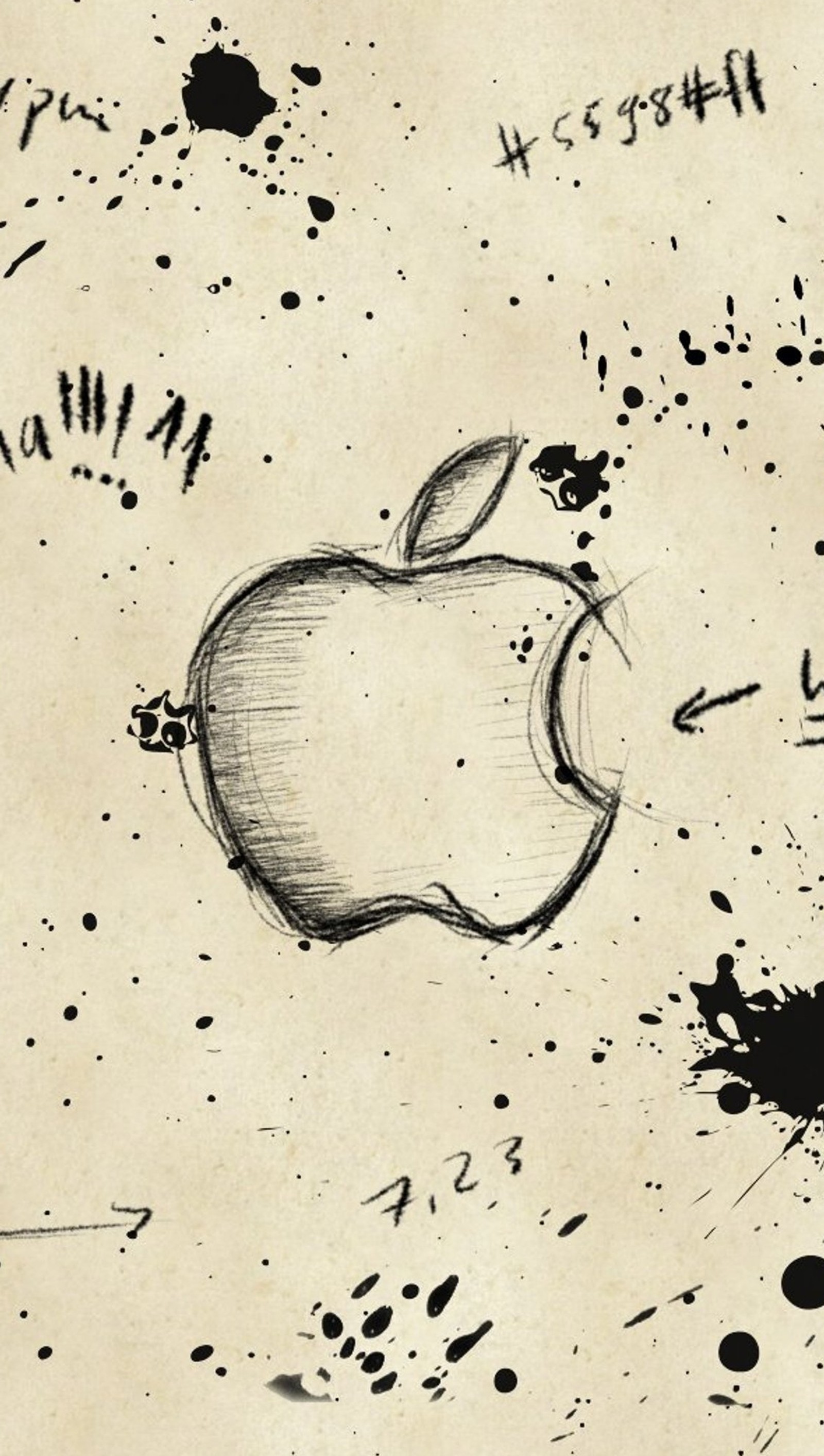 There is a drawing of an apple with a lot of ink on it (apple, logo, scribbles)