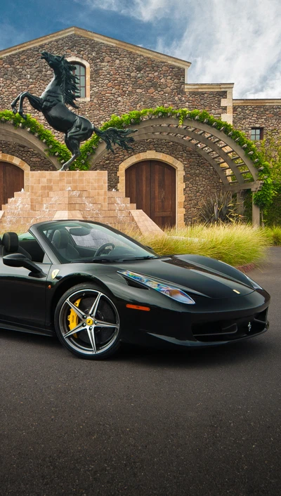 Elegante Ferrari convertible negro contra una mansión de piedra rústica con escultura ecuestre.