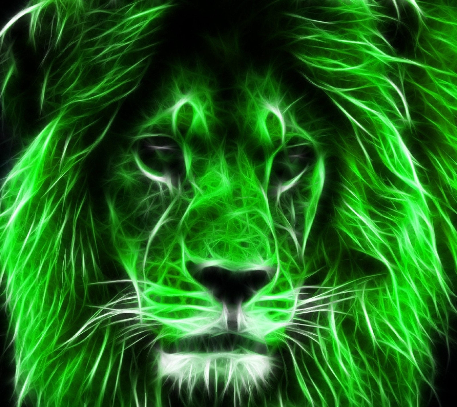 A close up of a green lion's face with a black background (abstract, animals, big cats, lions)