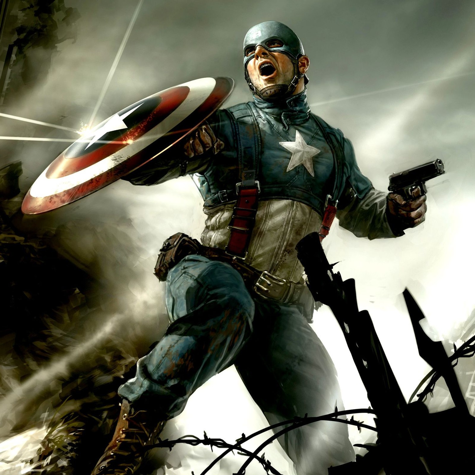 Captain america is holding a gun and a shield in his hand (america, captain)