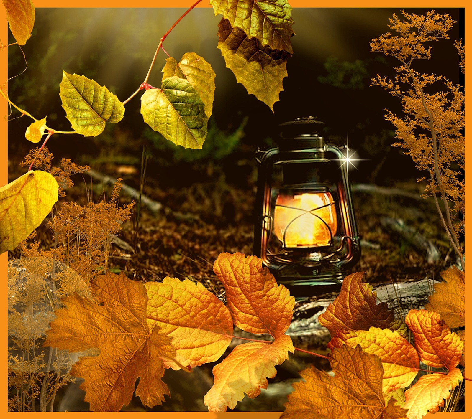 There is a lantern that is sitting in the leaves (autumn, wallpaper)