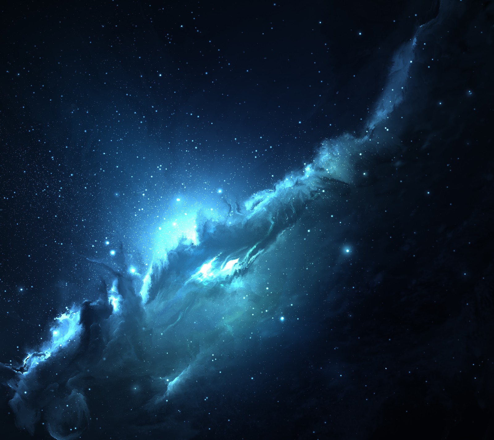 A close up of a galaxy with a bright blue star in the background (abstract, space, stars)