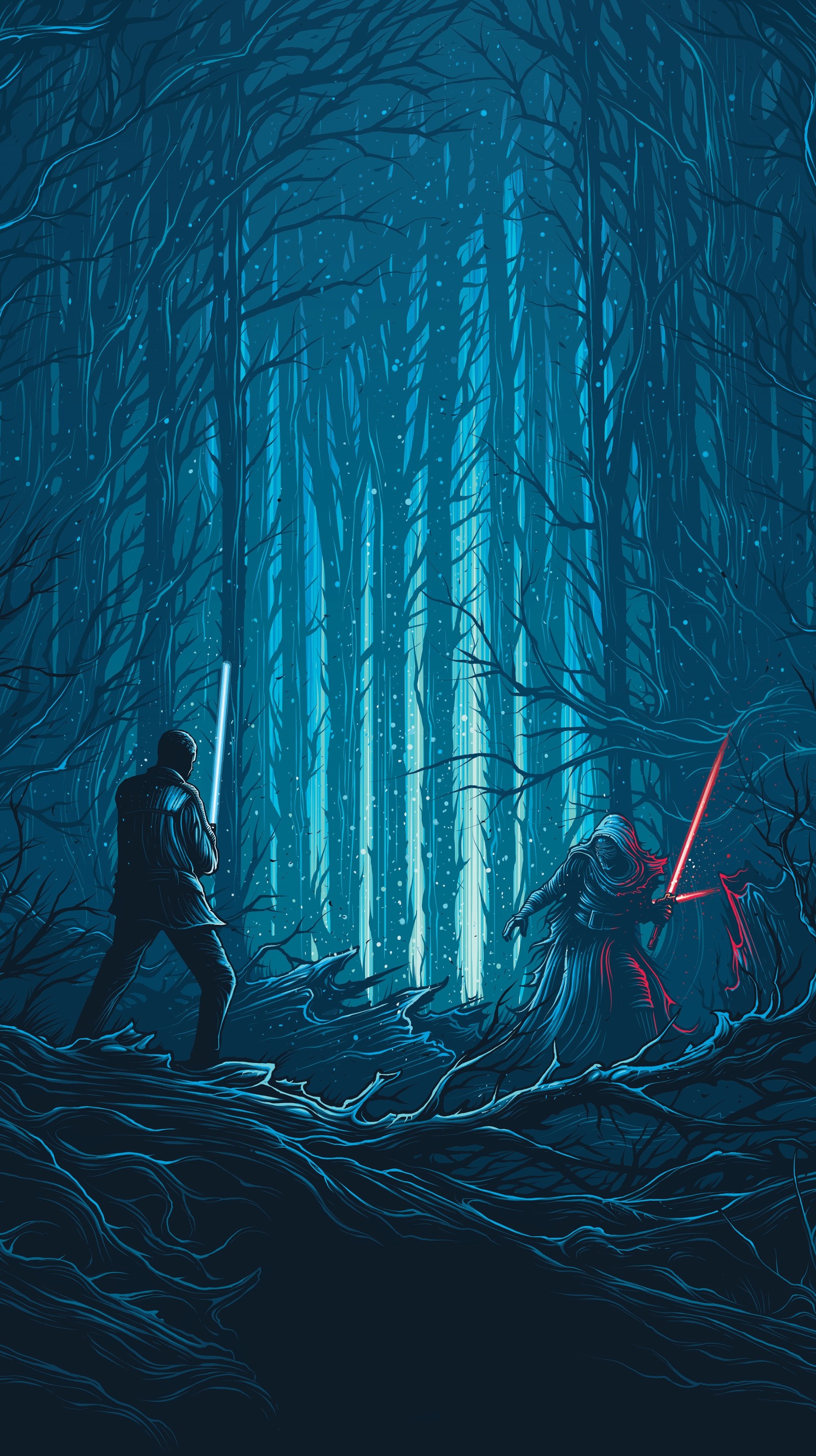 Hay un hombre y una mujer en un bosque con sables de luz (finn, star wars kylo ren, el despertar de la fuerza, the force awakens)