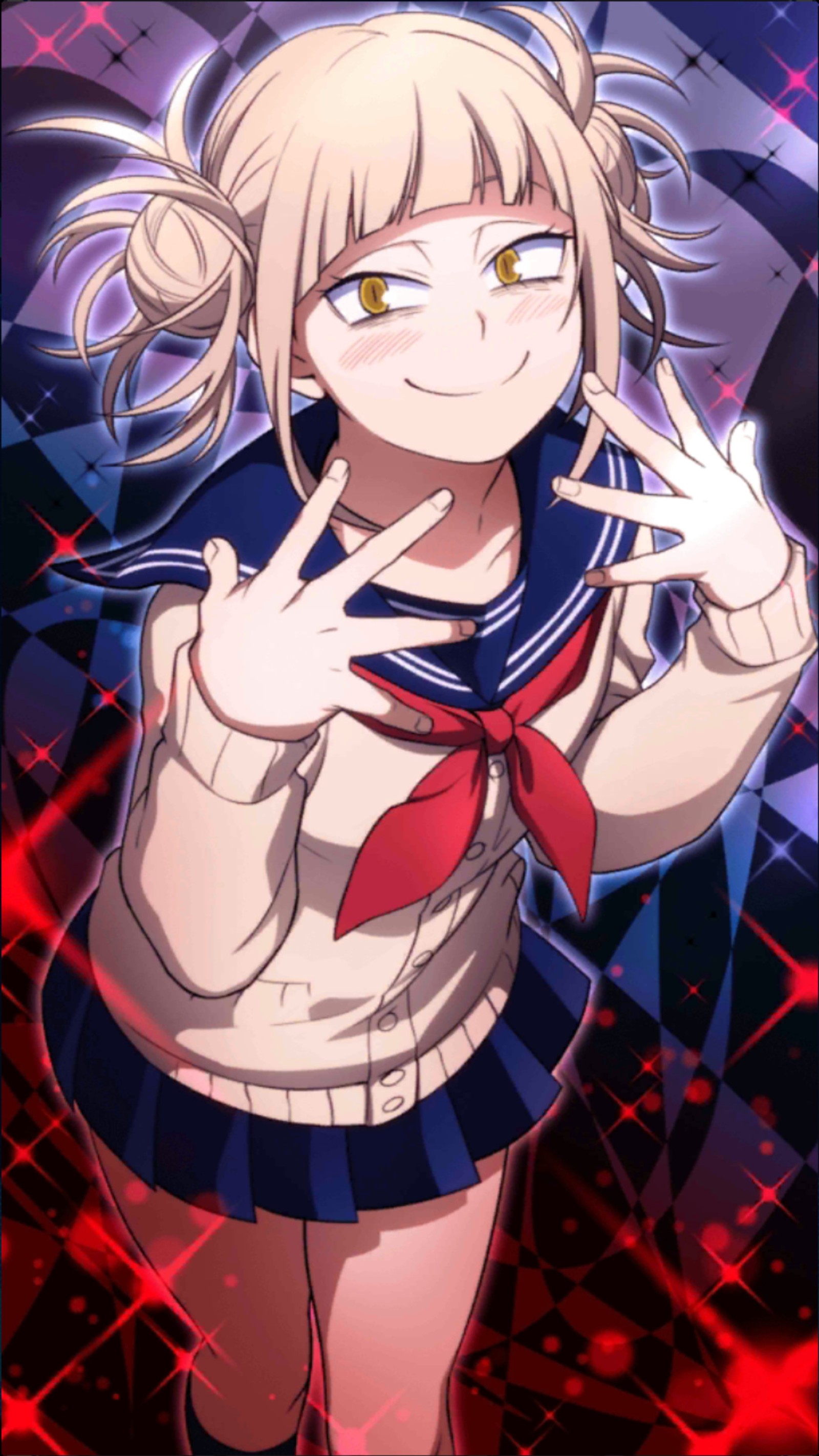 Chica de anime con cabello rubio y vestido azul posando para una foto (anime, toga himiko, villano)