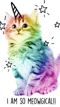 A whimsical kitten with a rainbow-colored coat and a playful unicorn horn, surrounded by stars, proclaiming "I AM SO MEOWGICAL!!