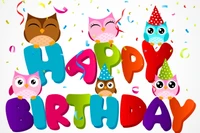 Colorful Cartoon Owls Celebrating a Happy Birthday