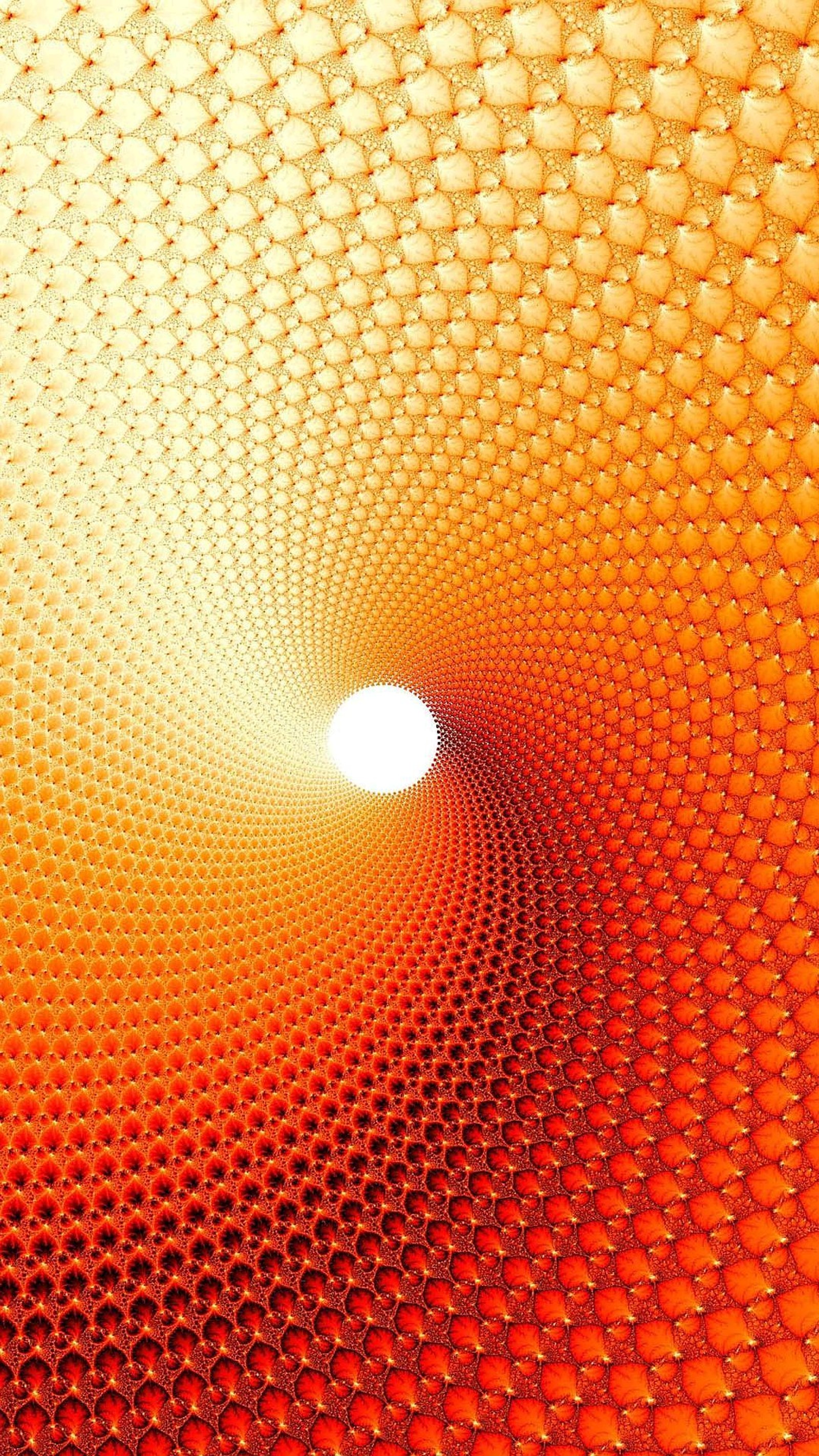 Un gros plan d'un motif circulaire de bulles orange (abstrait, orange, blanc, white hole)