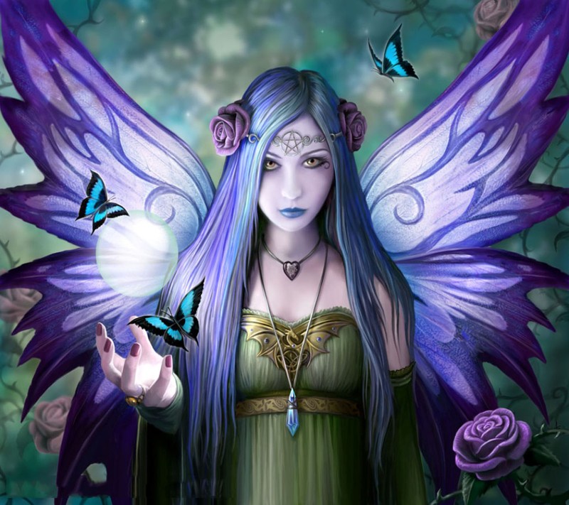 A close up of a woman with long hair and a butterfly (angel, awesome)