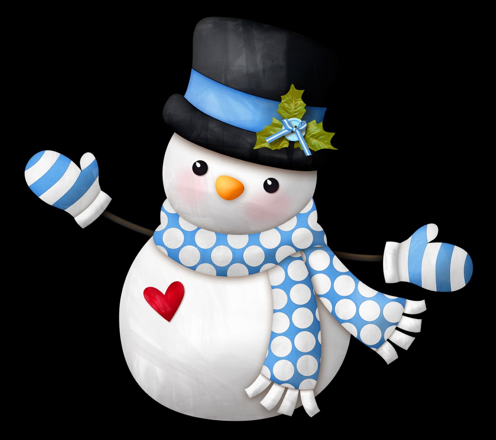 There is a snowman with a hat and scarf on (christmas, cute, happy, heart, holidays)