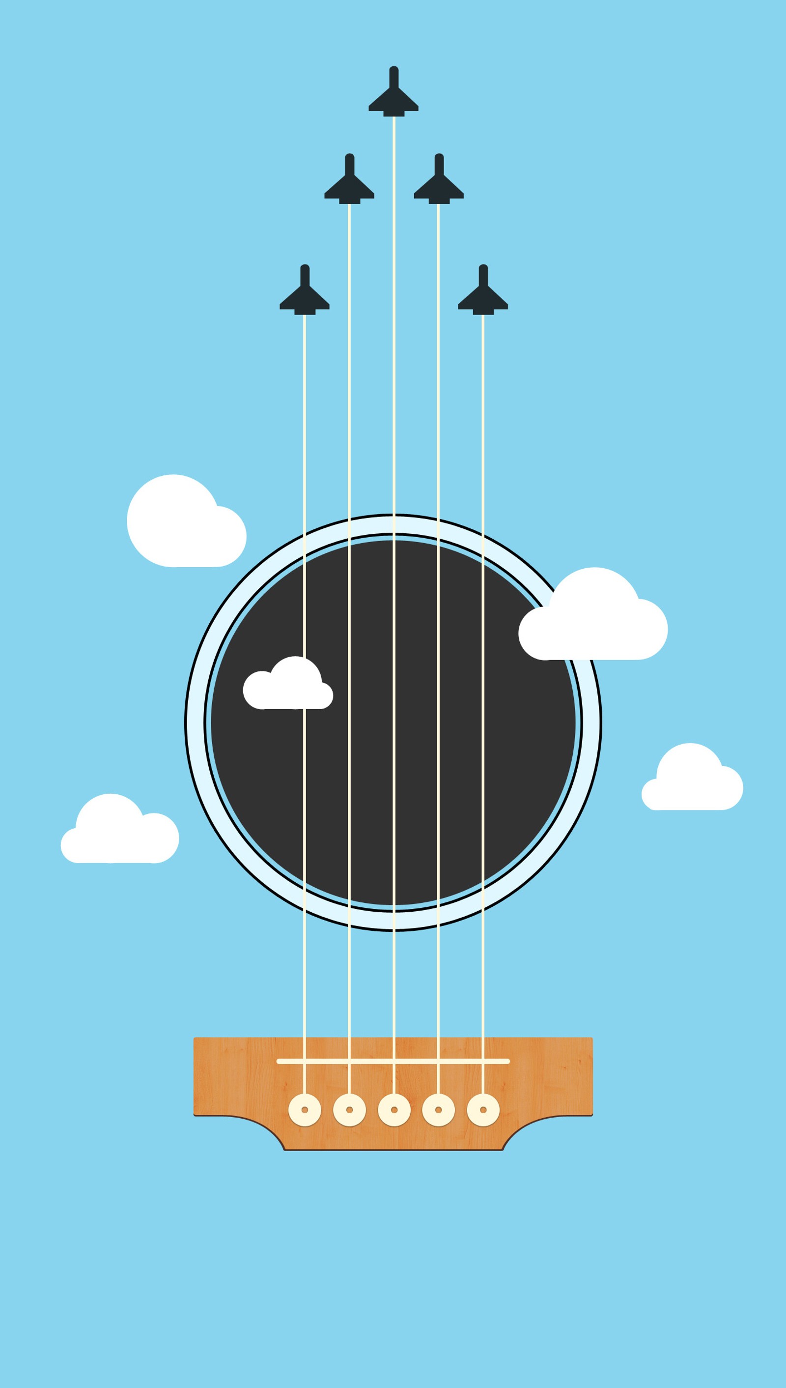 Quatre avions volent au-dessus d'une guitare avec un ciel en arrière-plan (bleu, nuage, guitare, avion à réaction, ciel)