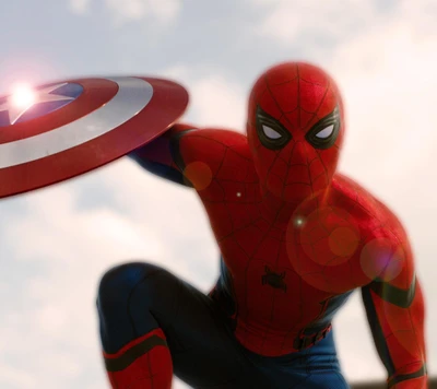 Spider-Man schwingt den Schild von Captain America in einem dynamischen Superhelden-Standoff