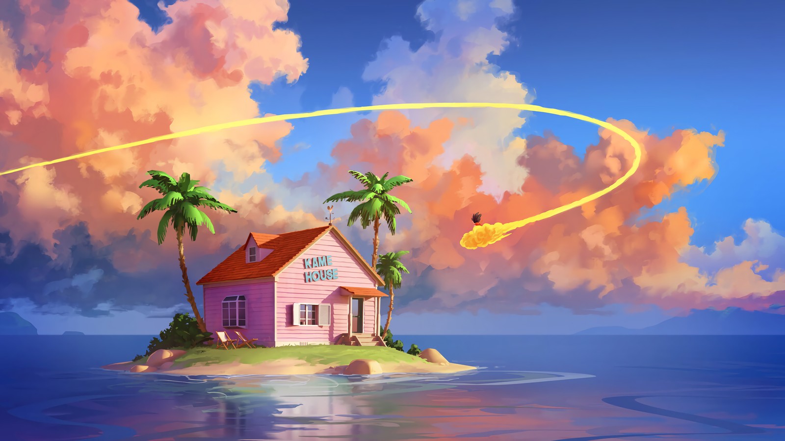 Une peinture d'une maison sur une île avec des palmiers (maison de kame, île, dragon ball, anime)