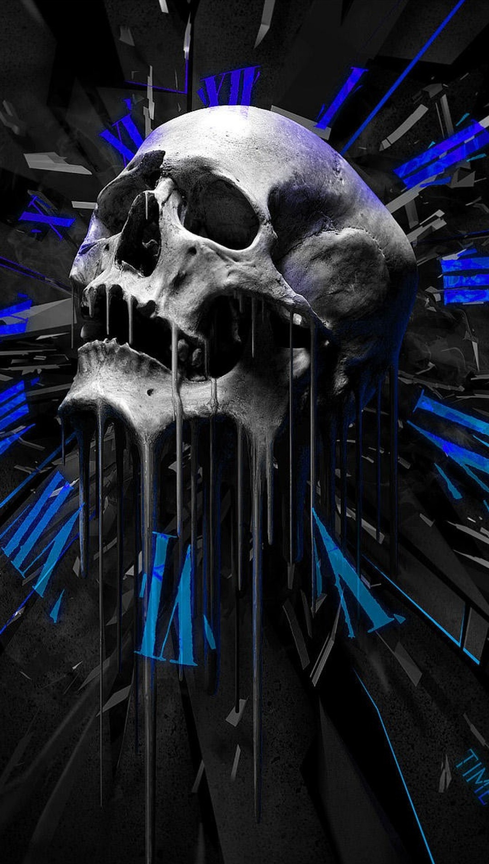 A close up of a skull with blue paint dripping down it (fdg, gfhg)