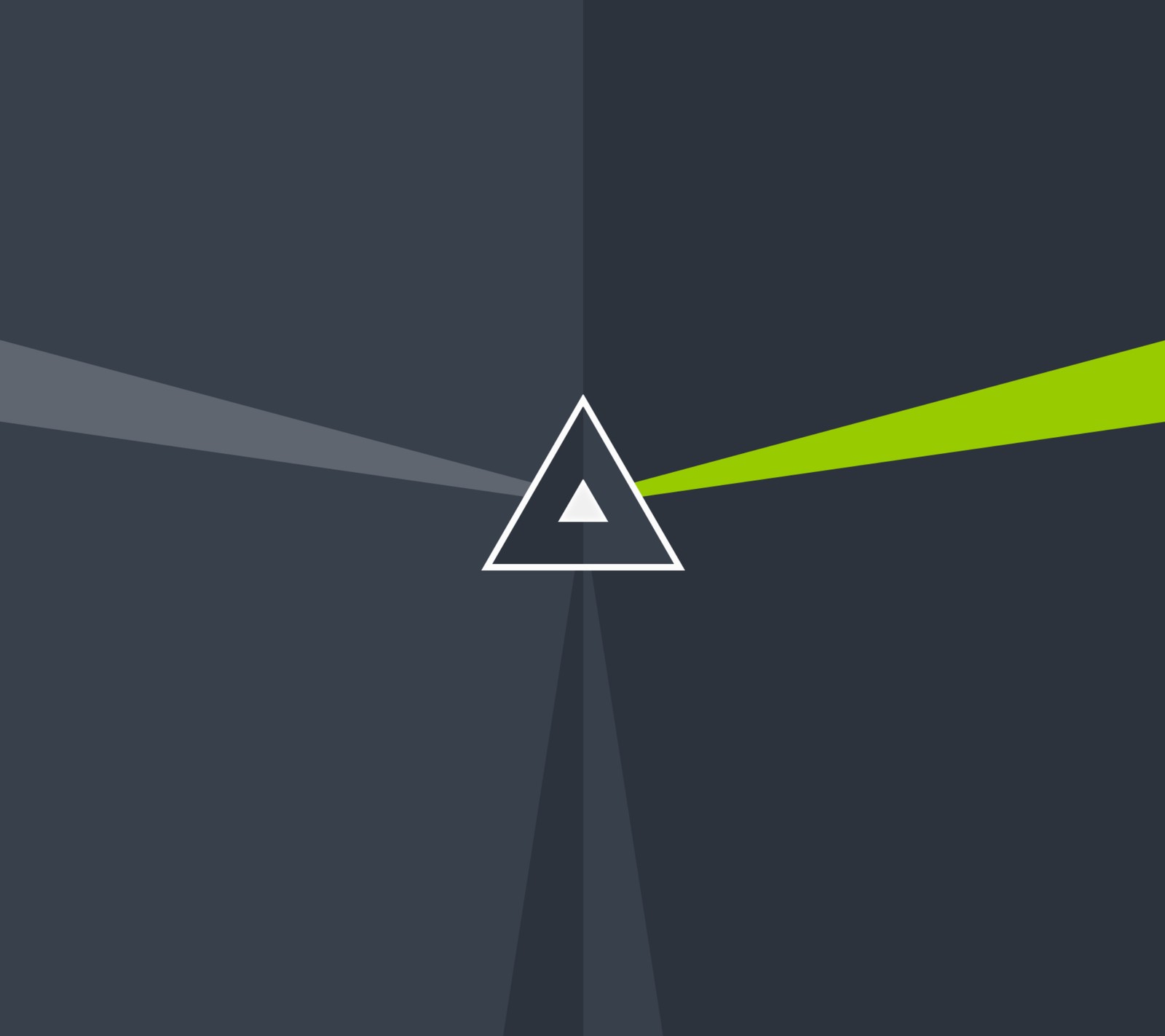 A close up of a triangle with a green light coming out of it (abstract, gray, lime, triangle)