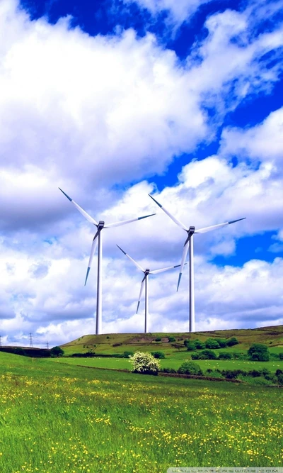 clouds, landscape, nature, sky, turbines