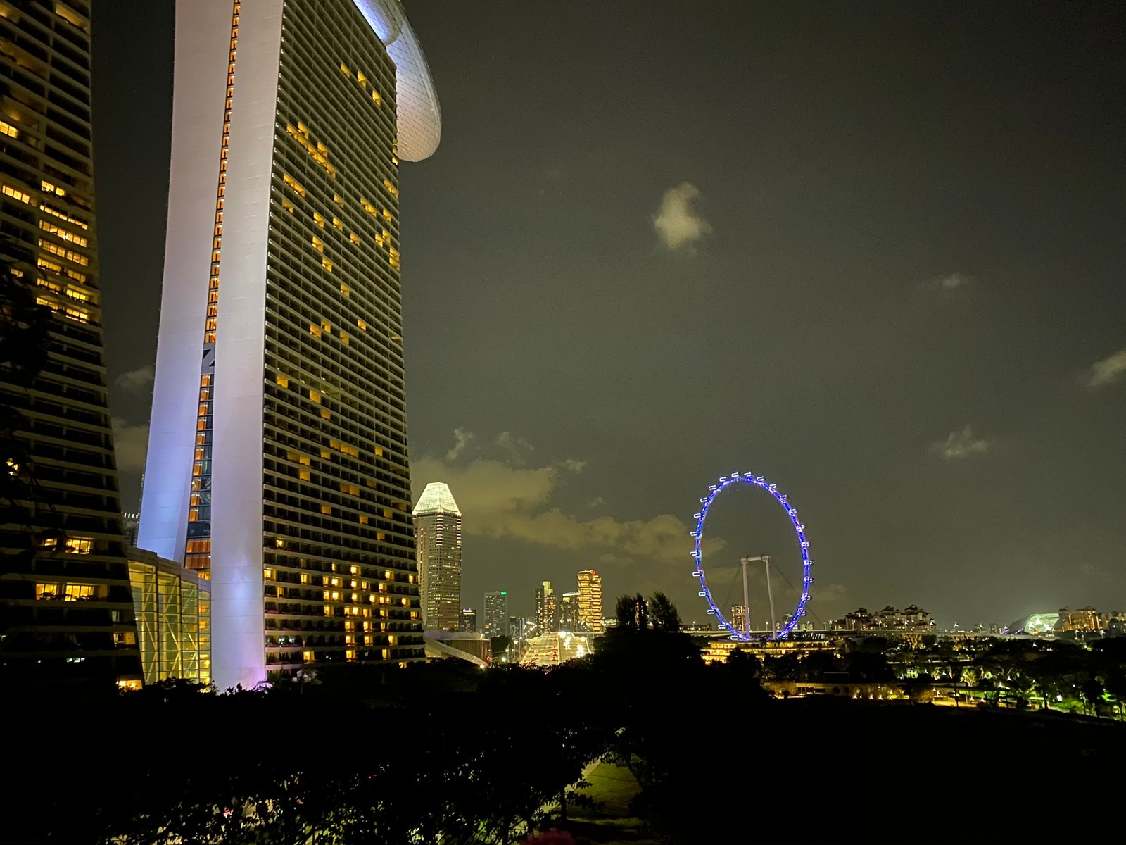 Vista noturna do horizonte da cidade com uma roda-gigante em primeiro plano (singapura, arranha céus, dia, bloco de torre, noite)