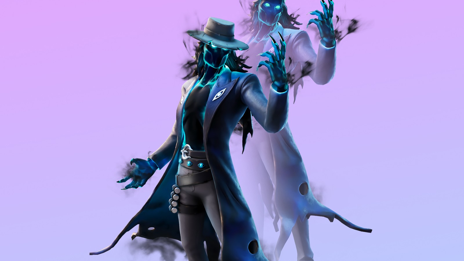 A close up of two animated figures with a hat and a coat (fortnite, video game, fortnite battle royale, deadeye, outfit)