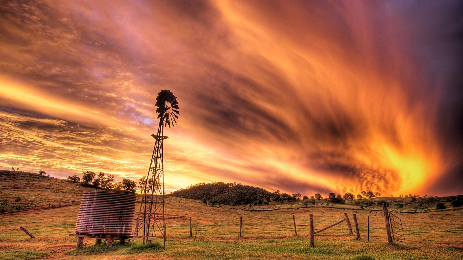 Un gros plan d'un moulin à vent dans un champ avec un ciel nuageux (coucher de soleil, nuage, arbre, zone rurale, crépuscule)