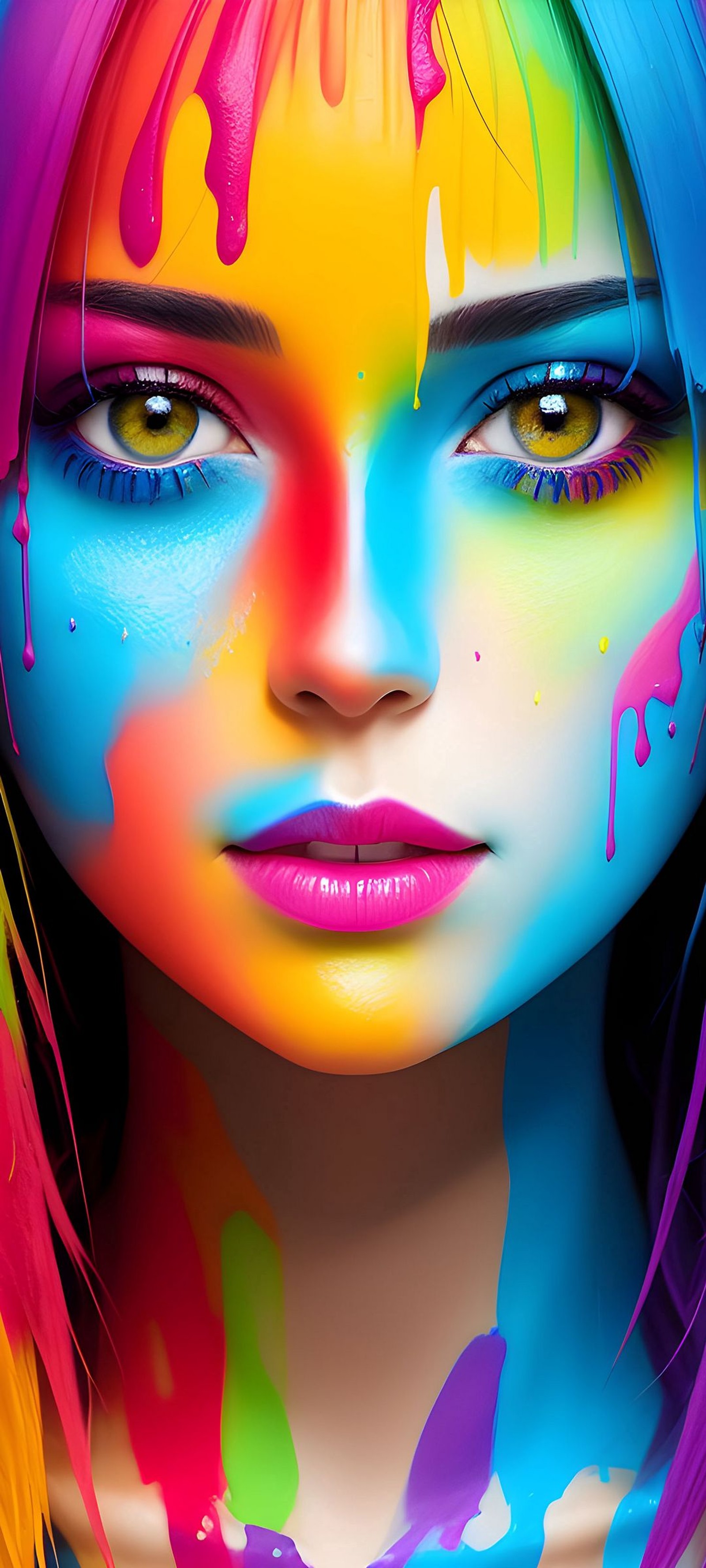 A close up of a woman with colorful makeup and hair (girl, nose, cheek, lip, colorfulness)