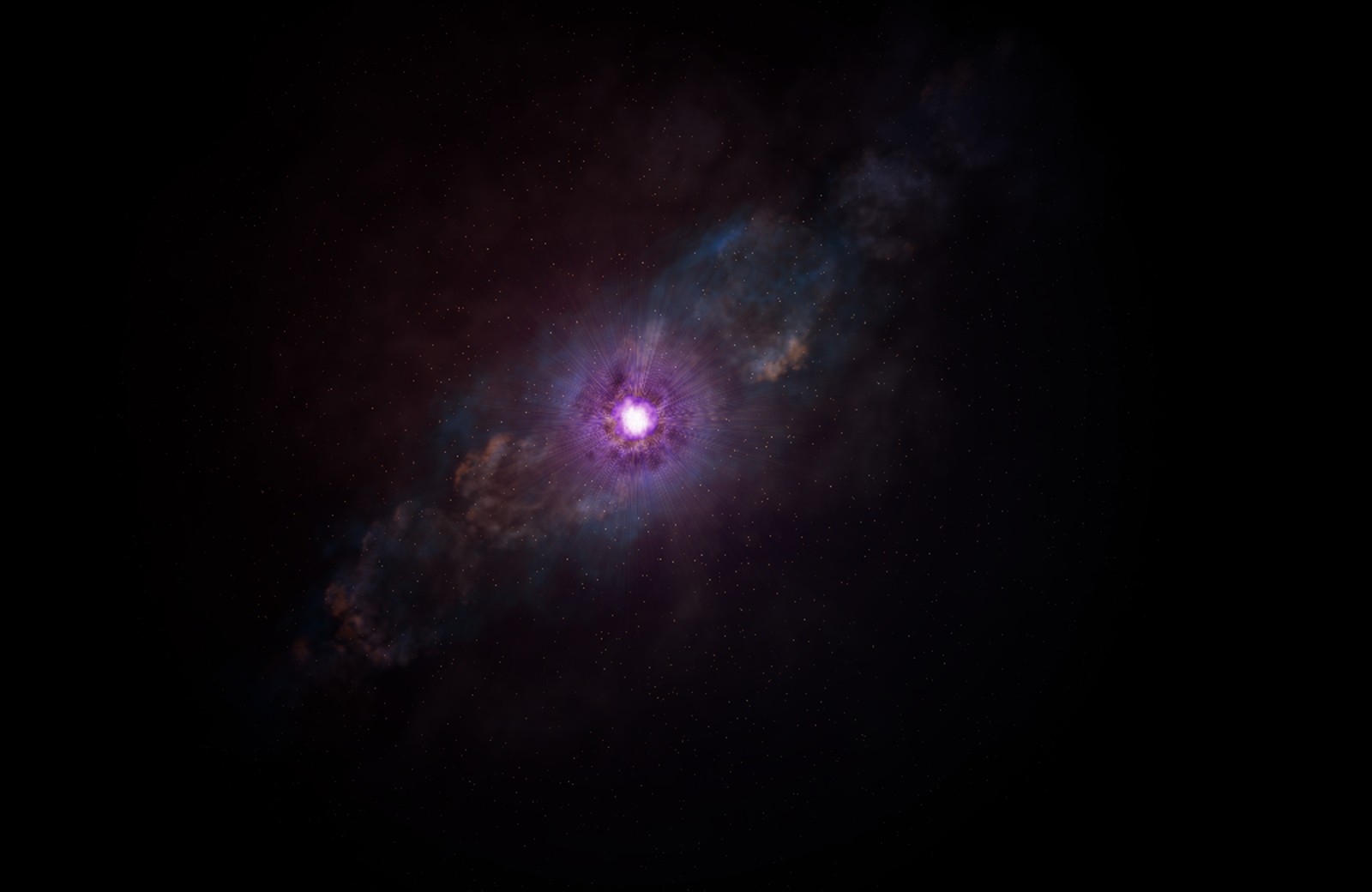 A close up of a galaxy with a bright purple star (atmosphere, astronomy, nebula, darkness, light)