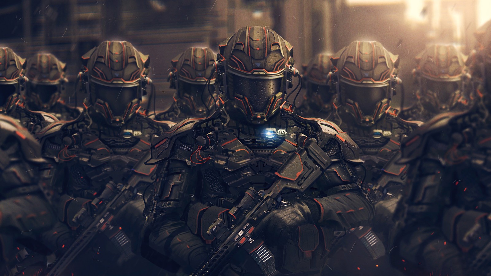 A group of soldiers in full armor with weapons and helmets (sci fi, soldiers)