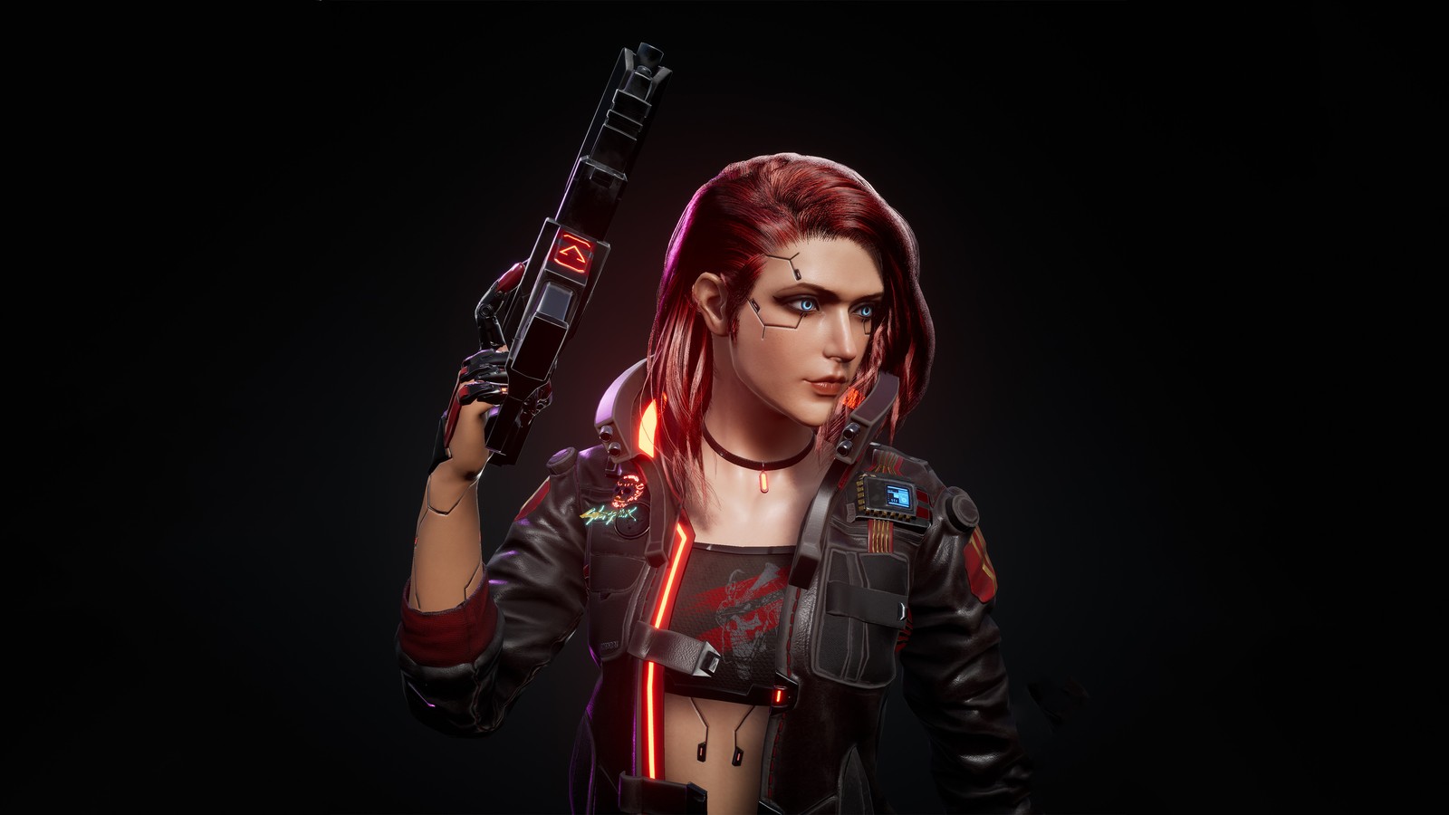 Une femme avec une arme à la main et une lumière rouge sur son bras (v féminin, œuvre dart, cyberpunk 2077, arrière plan sombre, jeux)