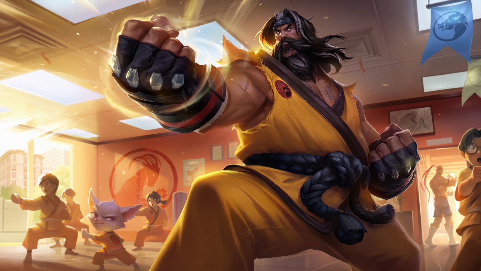 A close up of a person in a yellow outfit holding a fist (black belt, udyr, skin, league of legends, video game)