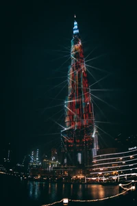 Burj Khalifa Illuminated at Midnight: A Stunning Display of Electric Lights in the Heart of Dubai