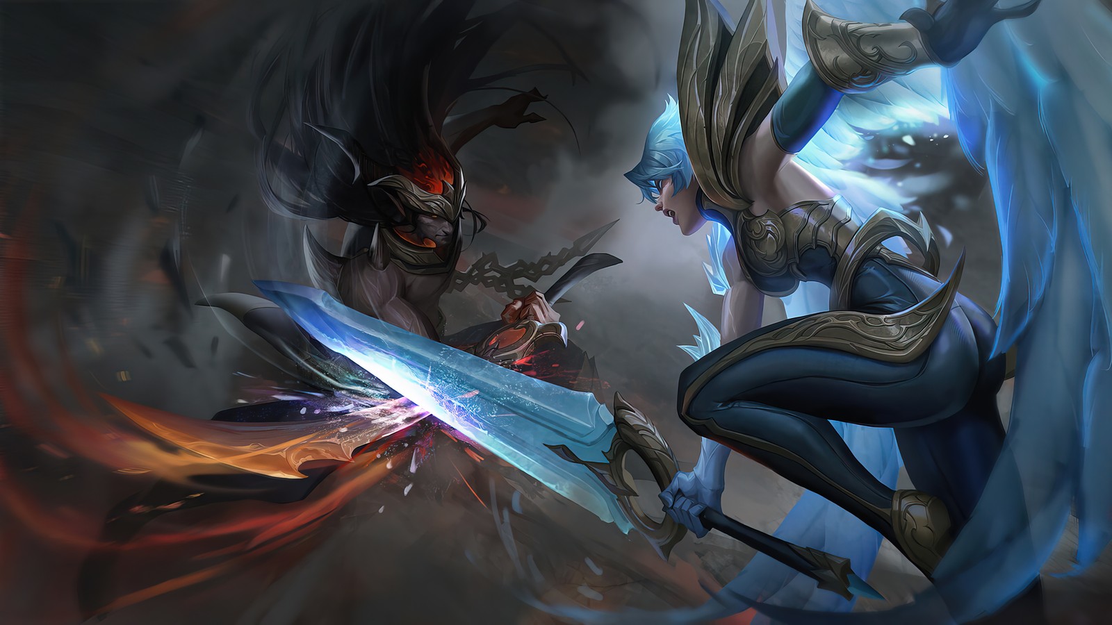 Un couple de femmes se battant avec des épées dans une pièce sombre (dawnbringer, riven, nightbringer, yasuo, lol)