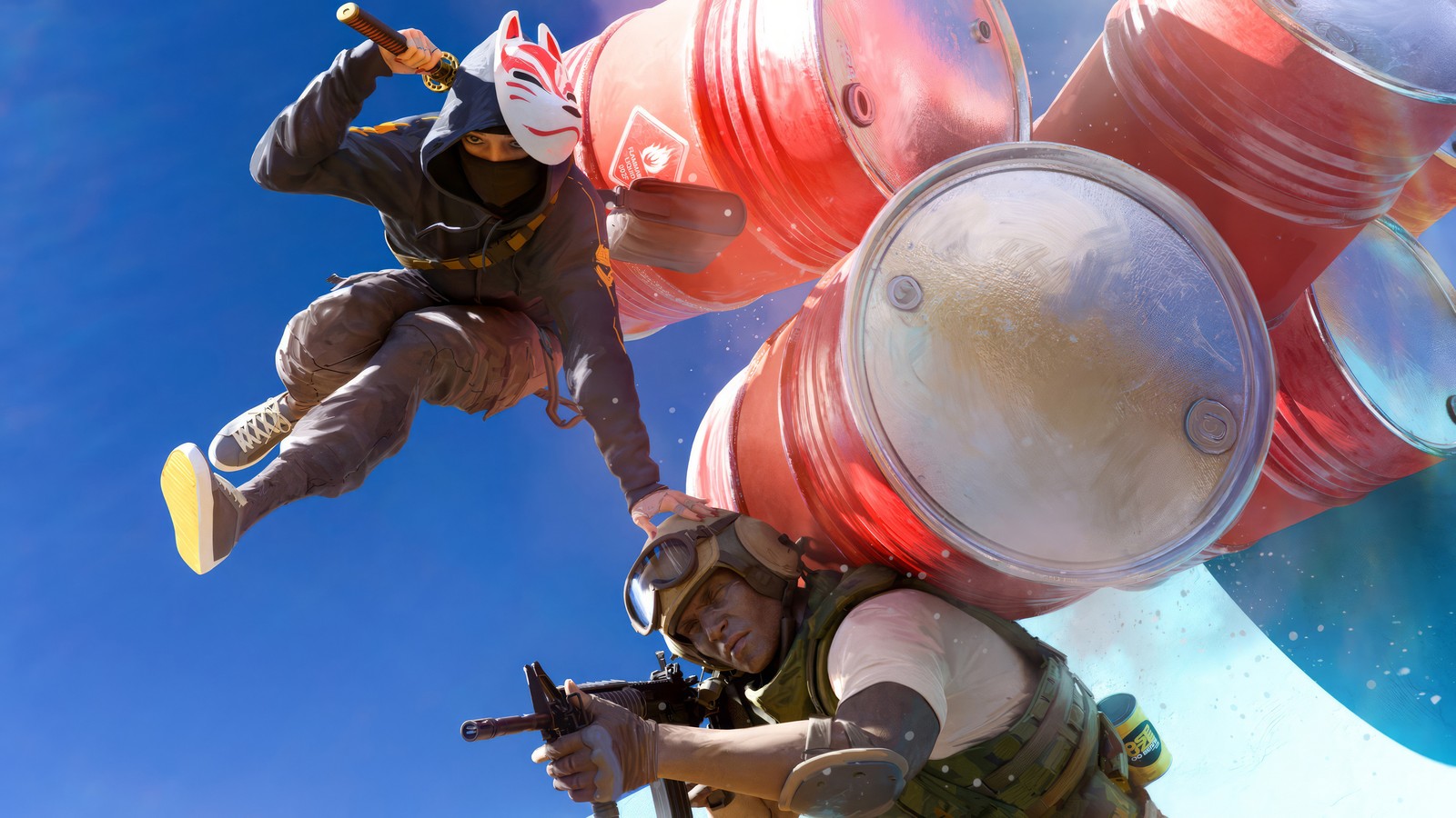 A close up of two people in a sky with a camera (the finals, video game, barrels)