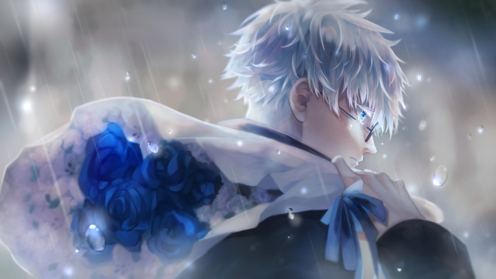 Anime, anime boy, anime, anime art, blue eyes, white hair, blue eyes, (satoru gojo, jujutsu kaisen, anime, sorcery fight, 呪術廻戦)