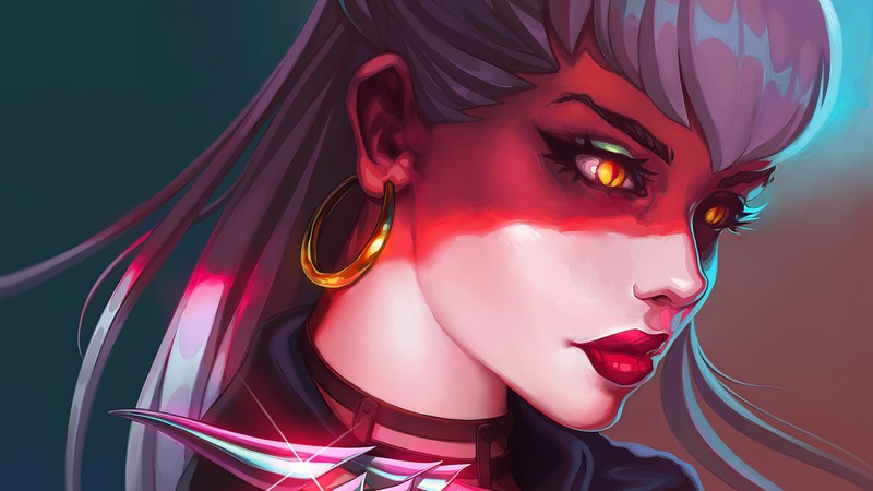 Женщина с длинными волосами и пирсингом в черном топе (evelynn, kda, самый плохой, lol, league of legends)