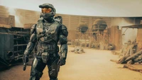 Master Chief in a Post-Apocalyptic Halo Landscape