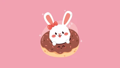 Lapin Kawaii assis sur un donut au chocolat sur un fond rose pastel