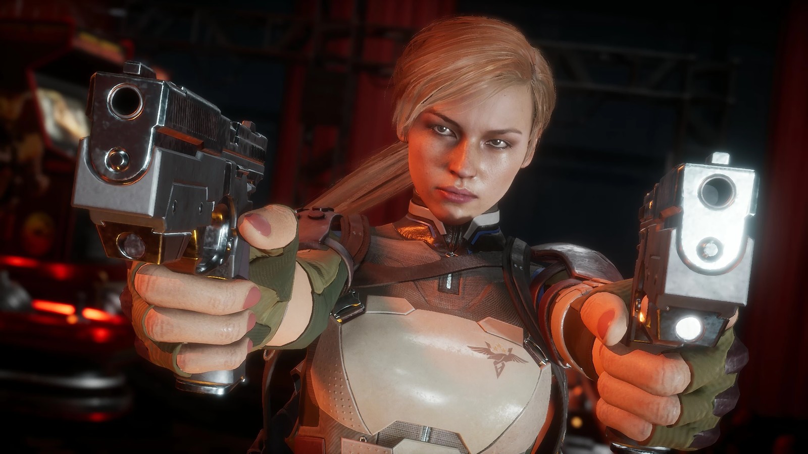 Крупный план человека с оружием в комнате (кэсси кейдж, cassie cage, mortal kombat 11, видеоигра)