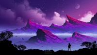 Silhouetted Figure Against a Dreamy Purple Mountain Landscape