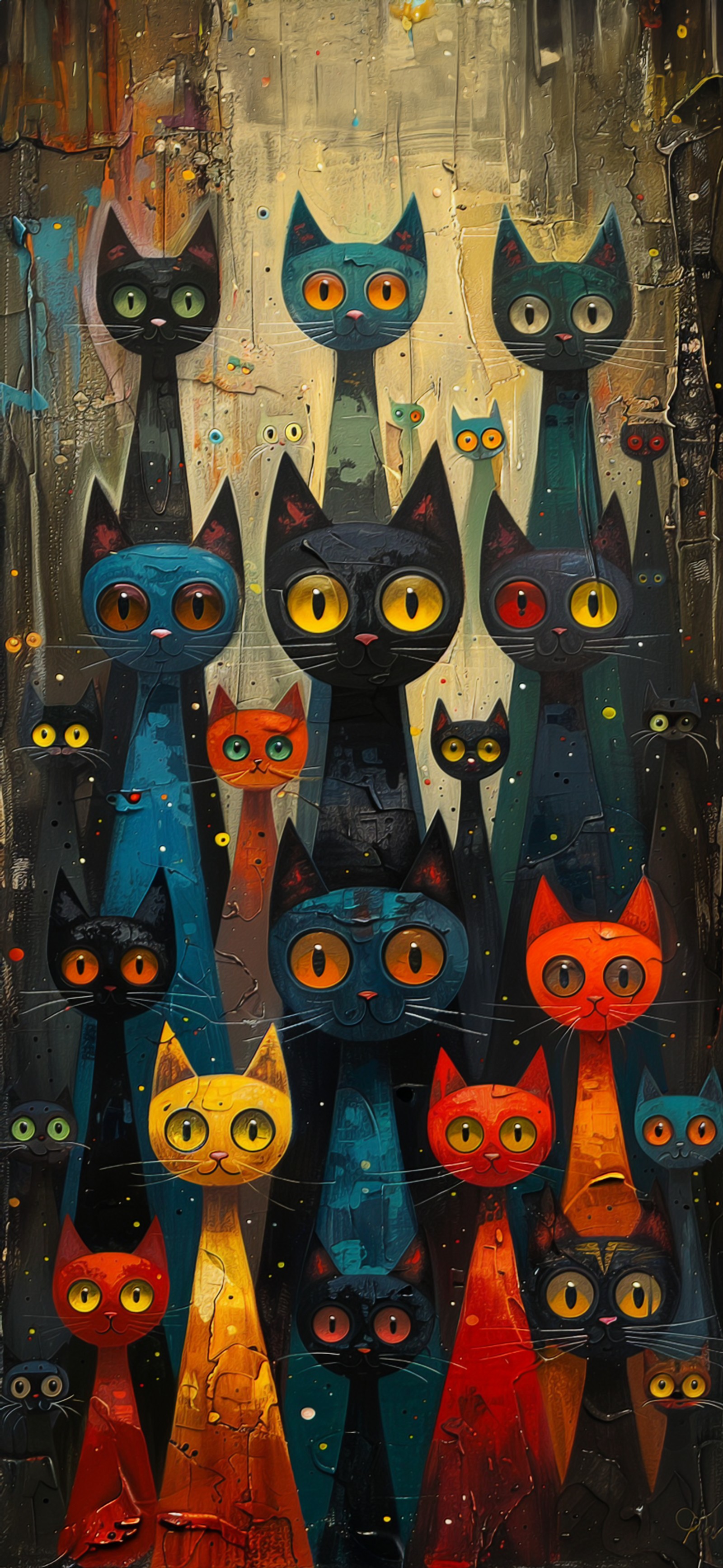 Painting of a group of cats with yellow eyes and red tails (cat, visual arts, art, blue, green)