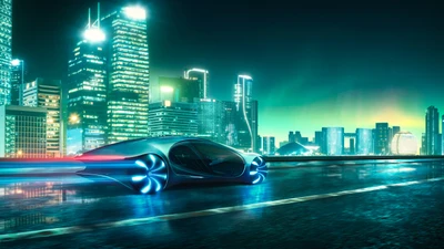 Футуристический концепт-кар Mercedes-Benz Vision AVTR в неоновом городском пейзаже