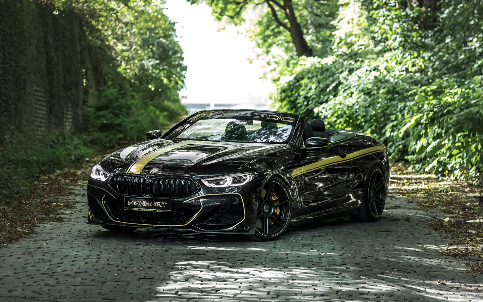 Arafed black bmw sports car parked on a road in the woods (manhart mh8 700 cabriolet, bmw g14 m850i, bmw 8 series, 2021, cars)