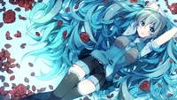 Hatsune Miku, umgeben von Rosenblättern, verkörpert eine verspielte Mischung aus Musik und Anime-Kunst.