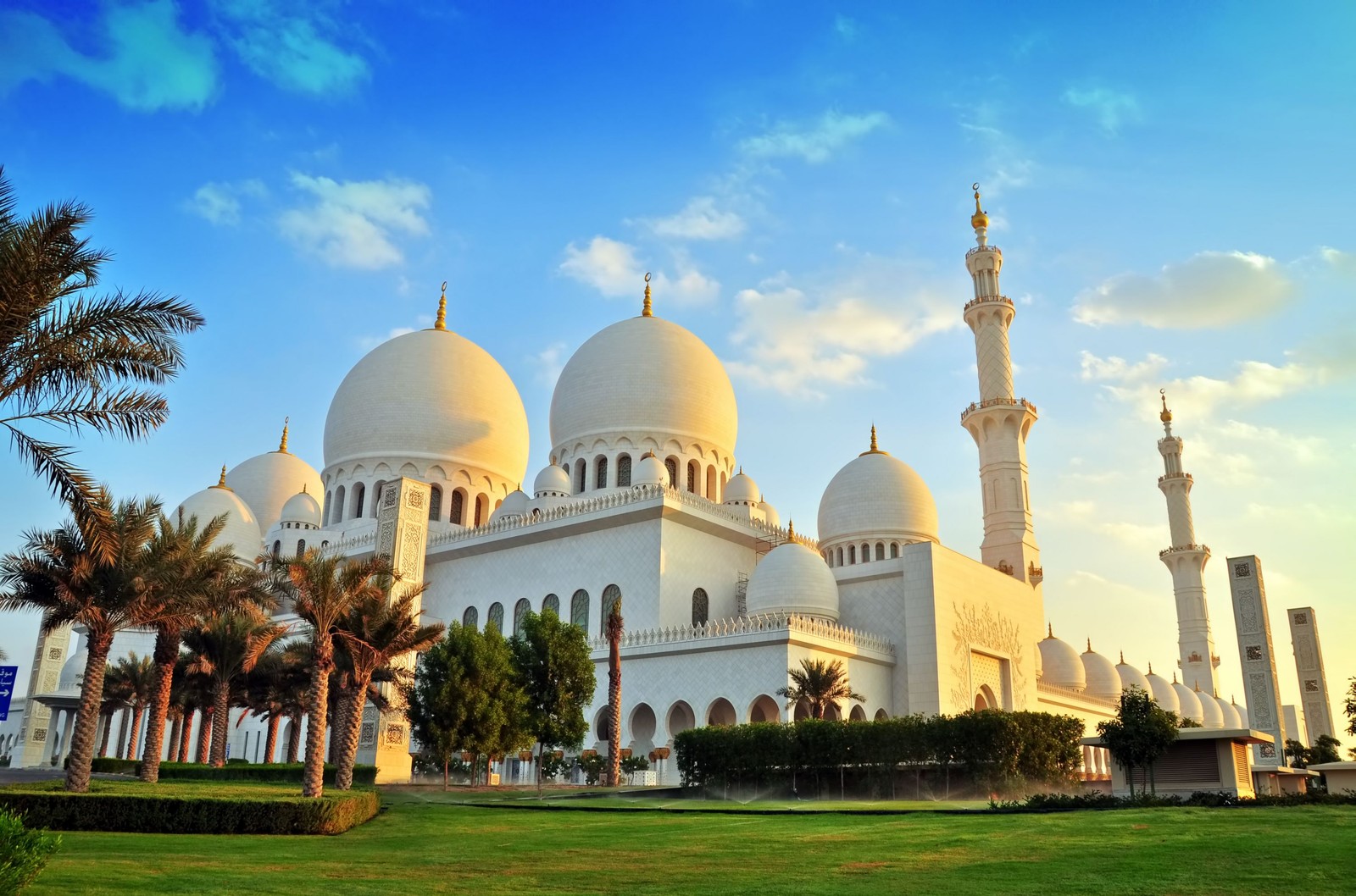 Vista de um grande edifício branco com muitas cúpulas e palmeiras (dubai, cúpula, marco, lugar de culto, mesquita)