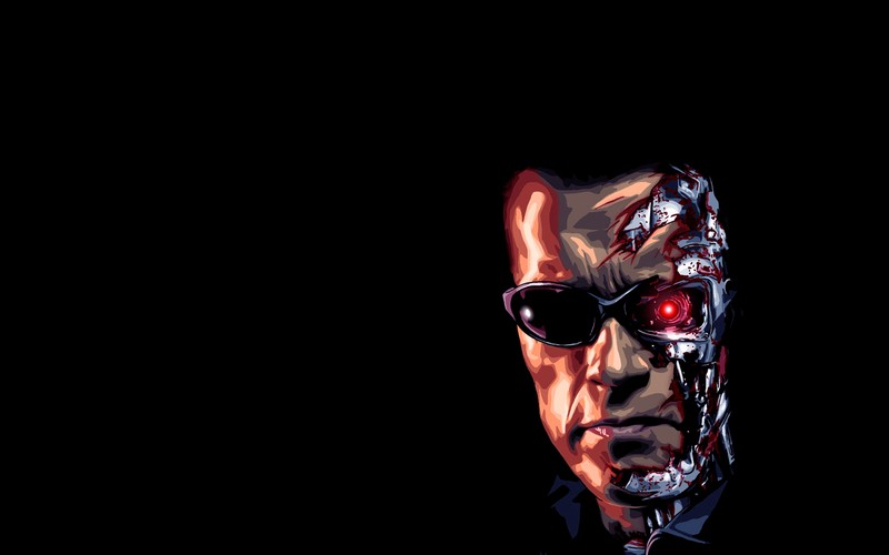 Крупный план мужчины с красным глазом в костюме. (терминатор, terminator, the terminator, очки, солнцезащитные очки)