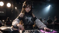 Anime DJ Girl with Headphones Mixing at a Live Event