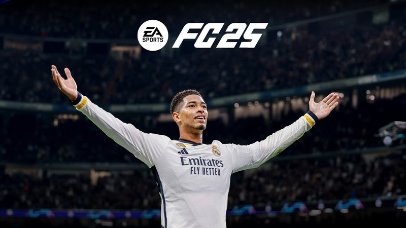 Мужчина в белой рубашке поднимает руки вверх (джуд беллингем, jude bellingham, ea sports fc 25, 5k, игры 2024)